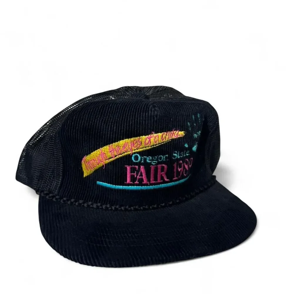 Vintage 1989 Oregon State Fair black corduroy snapback hat cap - Picture 2 of 6